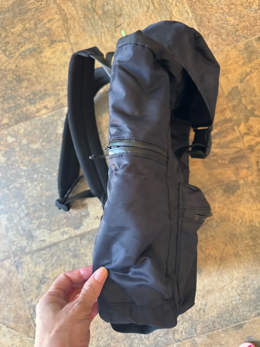 Athleta Venture Utility Backpack Black Camo Laptop Pocket Gym Work waterproof